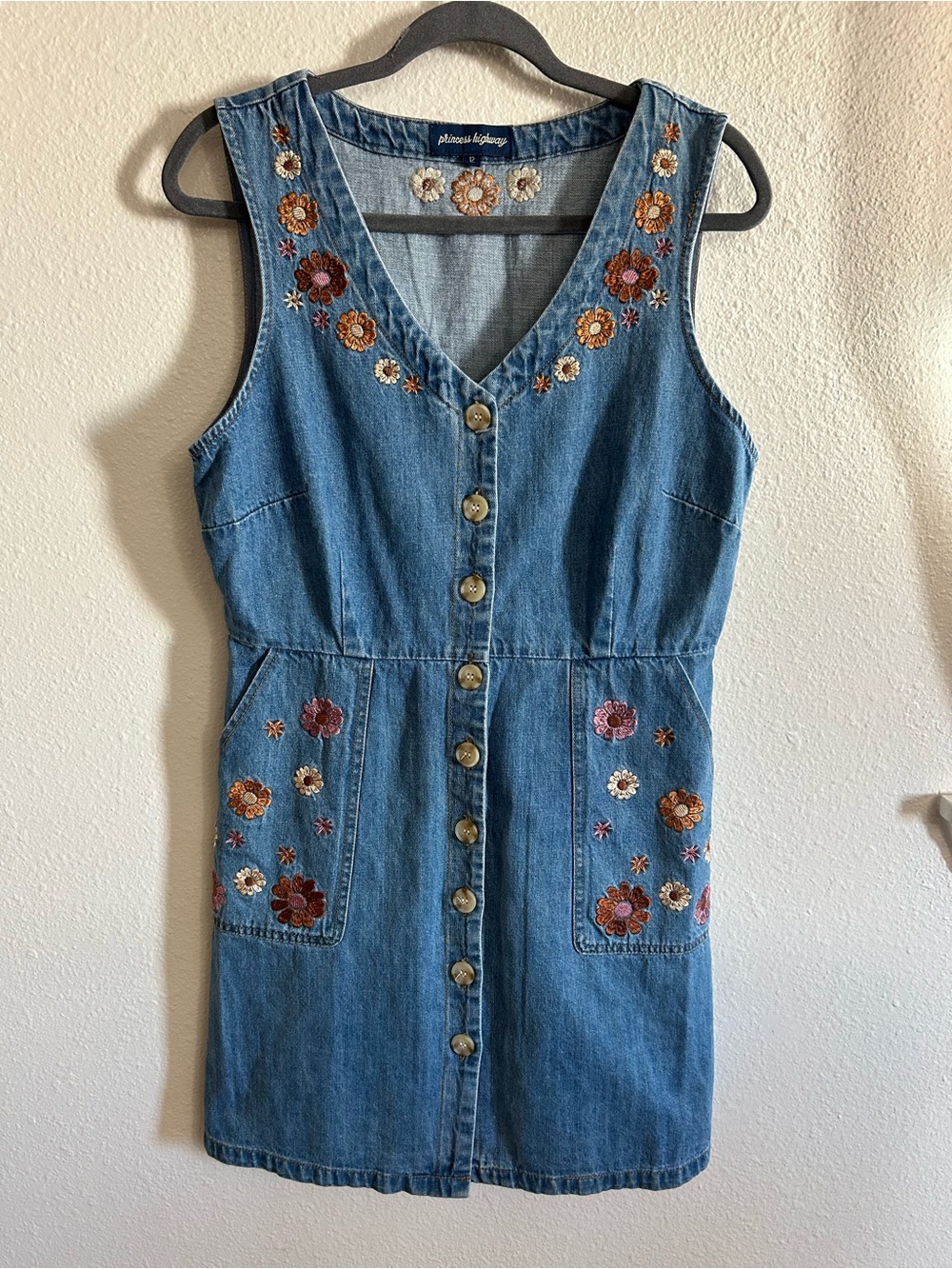 Princess Highway Floral Embroidered Denim Dress Womens Size 12